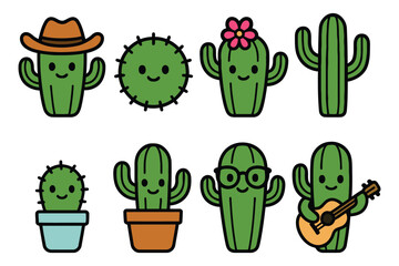 Adorable cartoon cacti characters with various accessories and expressions for fun designs