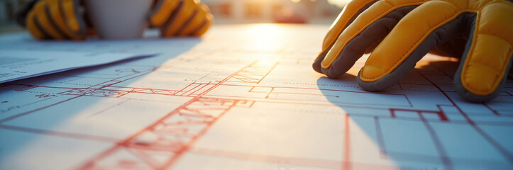 Examining construction plan with gloved hand, construction plan is on surface. Examination includes tools and safety equipment for builders.