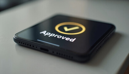 Approved phone rests on surface, showing approved message on screen. Approved message indicates successful verification process, displaying status updates.