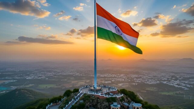 Aerial View of Indian Flag on Hilltop with Cityscape Background, 26 January, Republic Day, Independence Day, 15th August.
