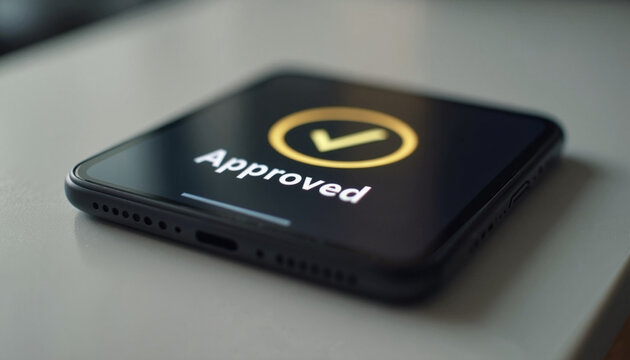 Approved phone rests on surface, showing approved message on screen. Approved message indicates successful verification process, displaying status updates.