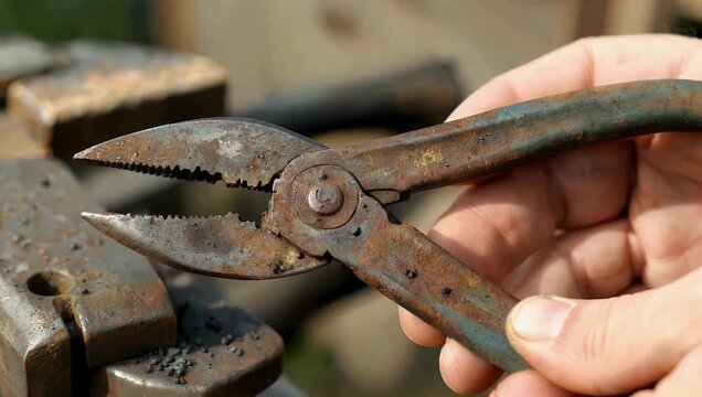 A richly textured 4K macro view highlights old rusted pliers revealing worn metal surfaces and intricate patina making it ideal for visual themes involving age craftsmanship or industrial history
