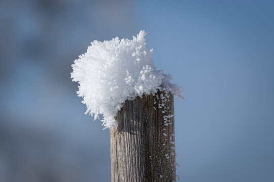 CLOSE UP, DOF: Thick cluster of hoarfrost clings to a wooden post, illuminated by clear winter light. Icy crystals sparkle brightly capturing the fragile structure of frost on a freezing morning.