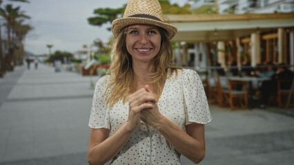 Woman points both index fingers to camera on street terrace restaurant wearing straw hat and polka dot dress; playful affection.