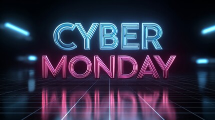 Bright neon lights display Cyber Monday sale in a digital space highlighting online shopping excitement