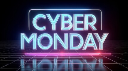 Bright neon Cyber Monday sign glowing against a dark background with grid pattern