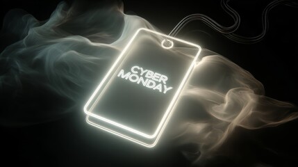 Cyber Monday sale announcement with glowing tag and smoke effect in dark background