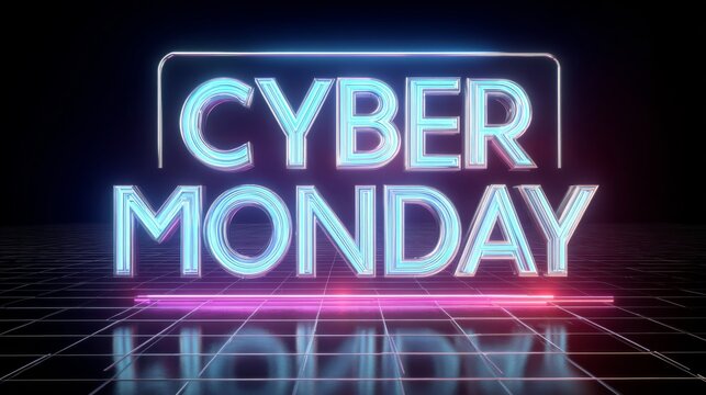 Bright neon Cyber Monday sign glowing against a dark background with grid pattern