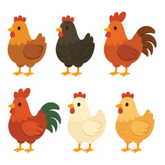 Cartoon chickens and roosters collection in flat farm style for kids and agricultural themed designs. High quality vector illustration of farm chickens and roosters in various colors