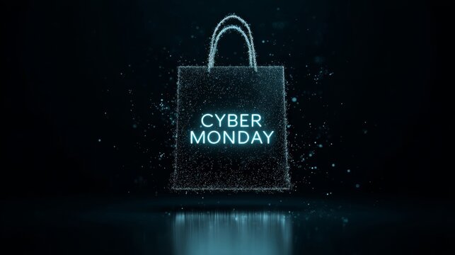 Cyber Monday shopping bag with glowing digital effects and dark background