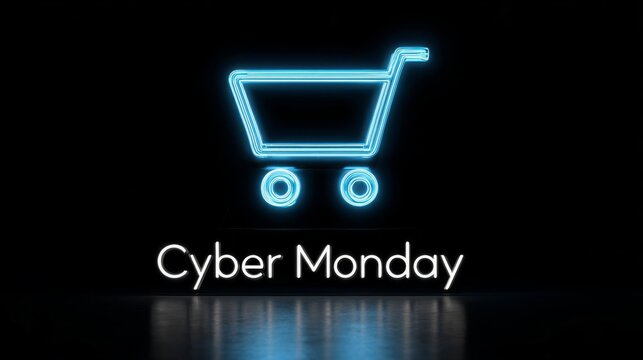 Bright neon shopping cart sign for Cyber Monday sale in a dark background setting
