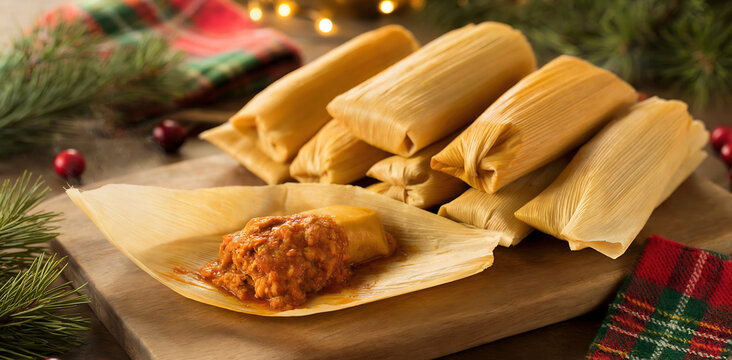 A warm, festive photograph of traditional Christmas tamales arranged on a rustic wooden cutting board, showcasing the golden masa dough wrapped in corn husks. The tamales are partially unwrapped to re