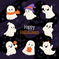 set of cute halloween ghosts on purple background. Collection ghost in flat style. Vector illustration

