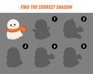 Find correct shadow of cute ghost. Educational logical game for kids. Halloween game. Cartoon ghost fly. Vector
