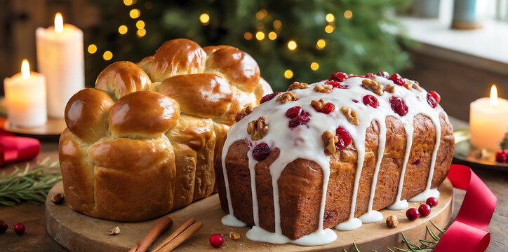 A photograph of traditional American Christmas bread displayed on a rustic wooden cutting board, featuring golden-brown braided challah and festive cranberry walnut loaf. The breads are beautifully gl - Powered by Adobe