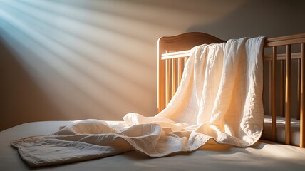 wooden crib with pastel-colored bedspread