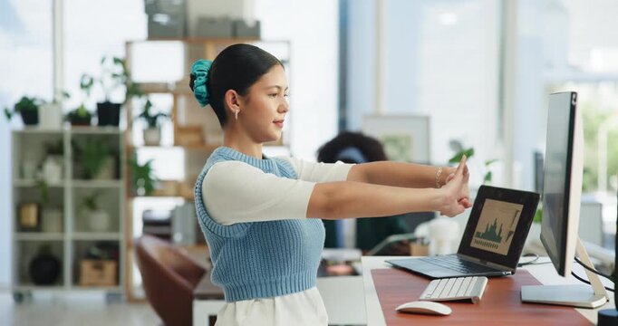 Business, stretching and woman in office, relax and completed assignment with stats expert. People, employees and consultant in workplace, flexibility and mobility with confidence and finished task