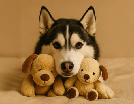 Adorable Siberian Husky resting its head on soft plush toys. Cute and cozy moment with a playful dog indoors in warm evening light.