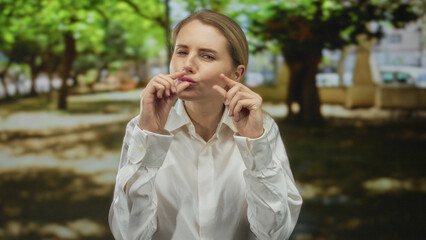 Fototapeta premium Woman gesturing in park wearing white shirt outdoors surrounded by green trees sunny day blonde hair on smiling face relaxed atmosphere peaceful scene captured on video