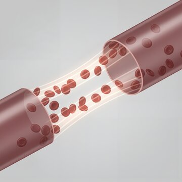 Medical illustration of a blood vessel stenosis (narrowing). The artery/vein is partially obstructed, demonstrating changes in blood flow and vascular pathology like atherosclerosis.