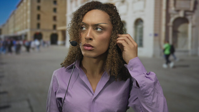 Woman with curly hair adjusts microphone at ear on bustling street in daylight among blurred crowd; concentration.