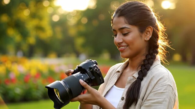 Young woman honing her creative design skills by meticulously adjusting her camera outdoors, embracing the art of visual storytelling and capturing inspiring moments