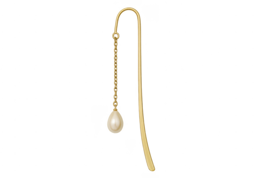 Gold pearl dangle threader earring on transparent background