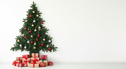 Christmas tree with red gold and silver ornaments and presents beneath set against a white wall