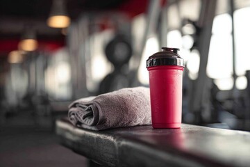 Red protein shaker bottle with water drops and grey towel resting on a gym bench in a fitness center environment