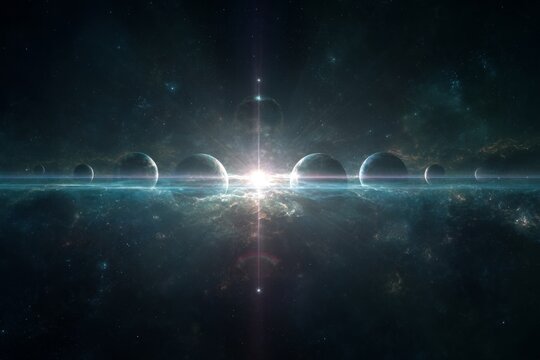 Cosmic alignment of glowing planets in deep outer space with bright central star and nebulae