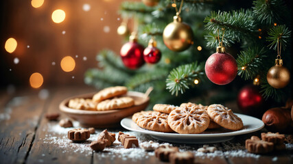 Delicious Christmas cookies on plate with festive decorations and beautifully lit Christmas tree in the background for holiday celebration