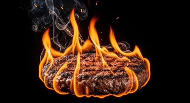 Hamburguesa de carne de res ardiendo en llamas sobre fondo negro, poster publicitario.
