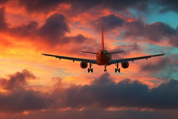 Passenger airplane descending with extended landing gear against a dramatic colorful sunset sky