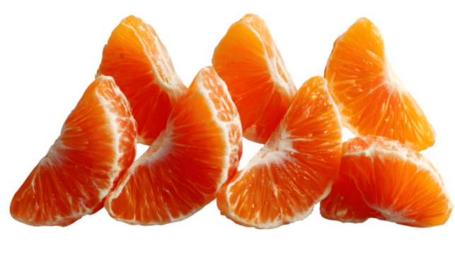 Artistic flatlay composition of peeled orange segments arranged in geometric shape, modern healthy lifestyle theme, isolated on white background 