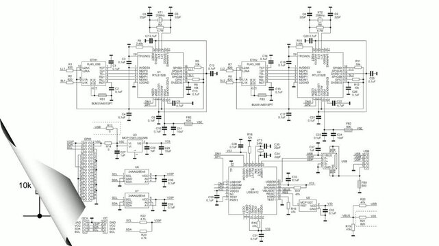 Video animation with schematic diagram of electronic device. Scheme set on paper sheet. Drawing electrical circuit with resistor, transistor, operational amplifier, capacitor, microcontroller, chip.