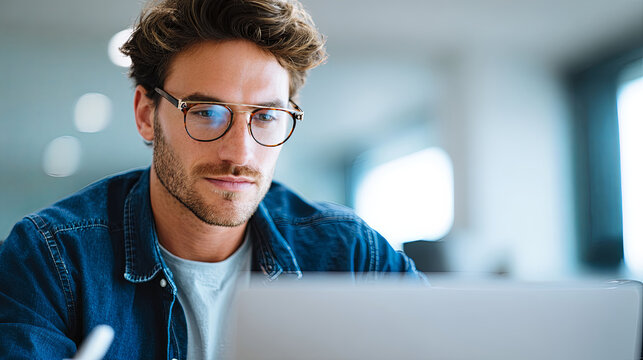 Young professional focused on work at a laptop in a bright modern office with blue-light blocking glasses - Powered by Adobe