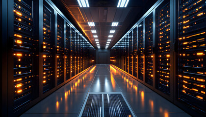 Modern data center interior view. Servers operate with lights. Advanced tech infrastructure provides computing power for global