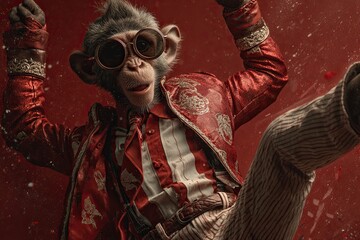 A fashionable monkey dancing, dressed in a fashionable jacket and glasses, dances on a wide banner. Space for text.