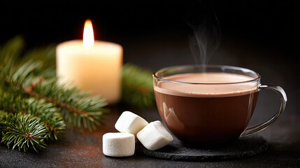 Fototapeta premium Warm close up of steaming mug of hot cocoa with marshmallows, surrounded by festive greenery and glowing candle, evokes cozy feelings