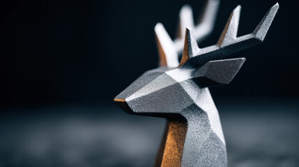 Close up of metallic silver reindeer statue with sharp features, showcasing its elegant design and artistic craftsmanship