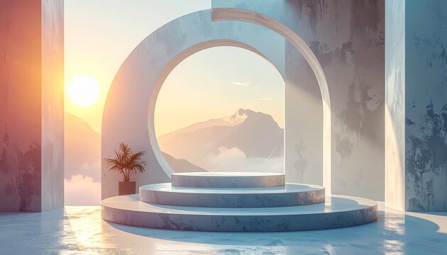 Golden sunrise illuminates a modern architectural arch framing majestic mountains, with a sleek display podium reflecting tranquil serenity in a minimalist design space - Powered by Adobe