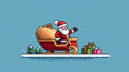 Charming pixel art rendering of Santa Claus in sleigh, waving joyfully with bag of gifts, surrounded by snow and Christmas trees