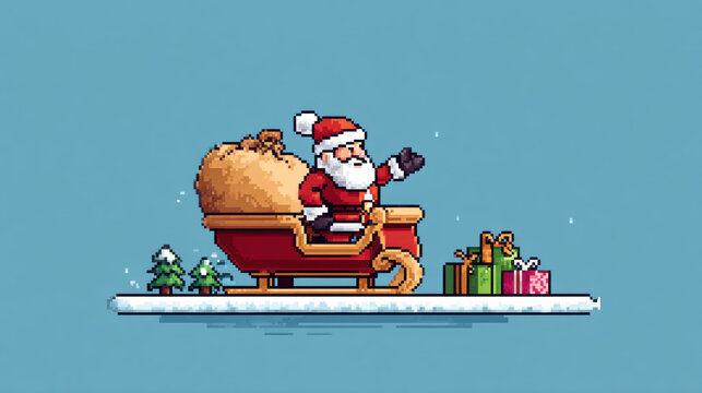 Charming pixel art rendering of Santa Claus in sleigh, waving joyfully with bag of gifts, surrounded by snow and Christmas trees