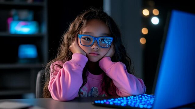 A young girl is sitting at a desk with a laptop in front of her. She is wearing glasses and she is upset or frustrated