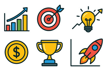 Collection of business growth and success icons representing goals achievement and innovation