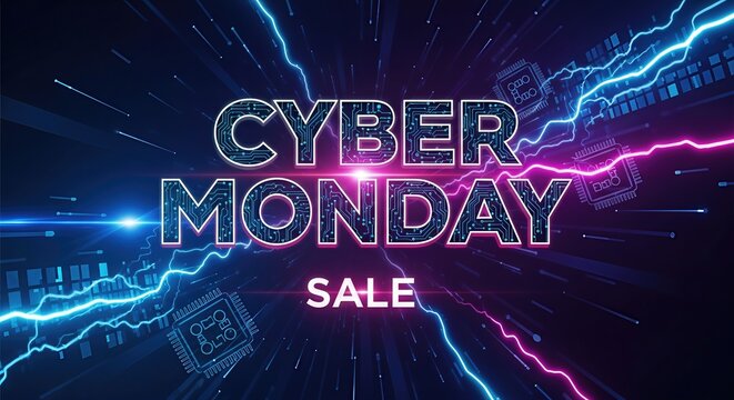 Cyber Monday sale announcement with digital lightning, futuristic circuits, and glowing technology, conveying a sense of urgency and excitement for online deals.