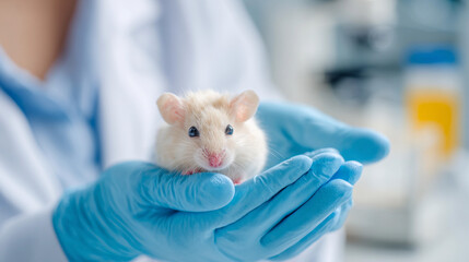 Hamster in gloved hands at a laboratory setting