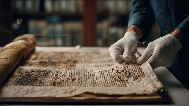 Restorer repairing ancient manuscript in library