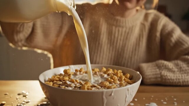 Woman pours fresh milk from a glass pitcher into a bowl of cereal with oats and flakes for a healthy breakfast in a cozy kitchen setting enjoying a nutritious morning meal