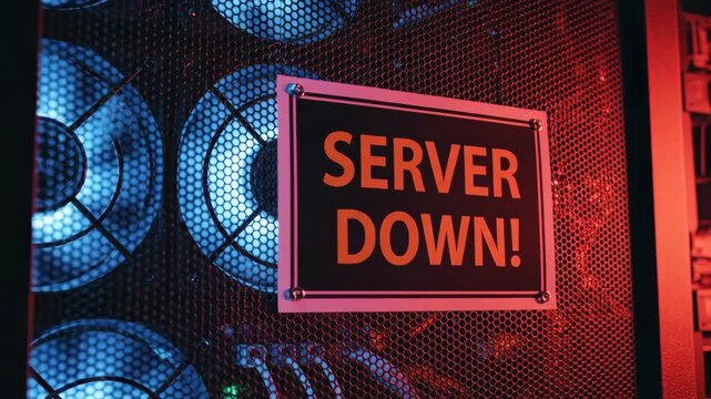 Server down sign attached to a computer server with cooling fans illuminated in blue and red lighting indicating a system failure or maintenance issue in a data center environment